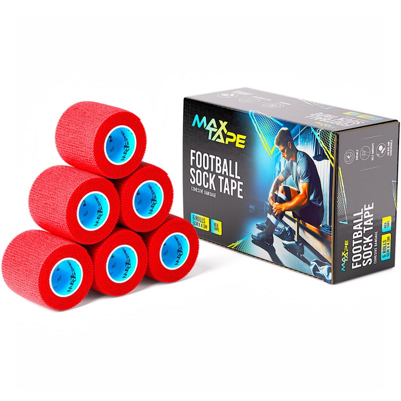 Max Tape Cohesive Bandage Football Sock Tape, Shin Pad Tape 5cm x 4.5m Box of 6 (Red)